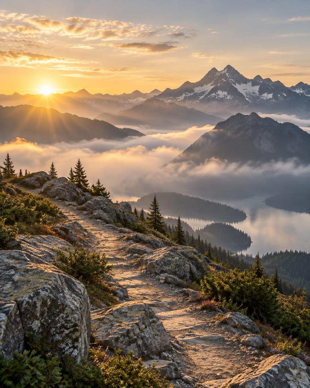 A mountain path opening toward the sunrise